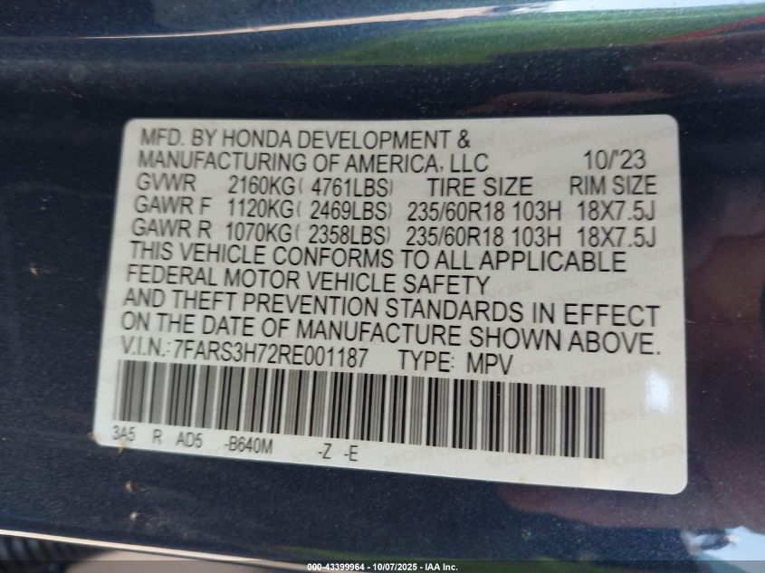 2024 Honda Cr-V Ex-L 2Wd VIN: 7FARS3H72RE001187 Lot: 43399964