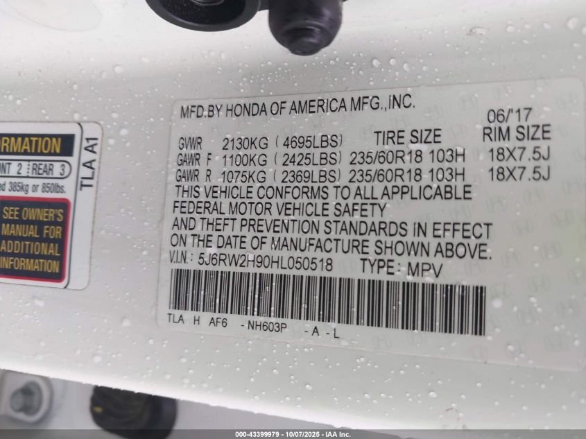 2017 Honda Cr-V Touring VIN: 5J6RW2H90HL050518 Lot: 43399979