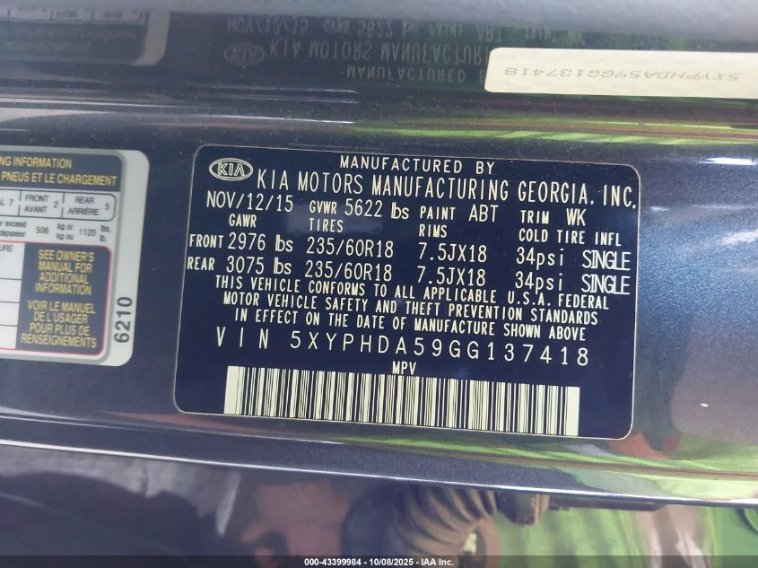 2016 Kia Sorento 3.3L Ex VIN: 5XYPHDA59GG137418 Lot: 43399984