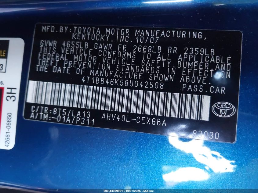 2008 Toyota Camry Hybrid VIN: 4T1BB46K98U042508 Lot: 43399991