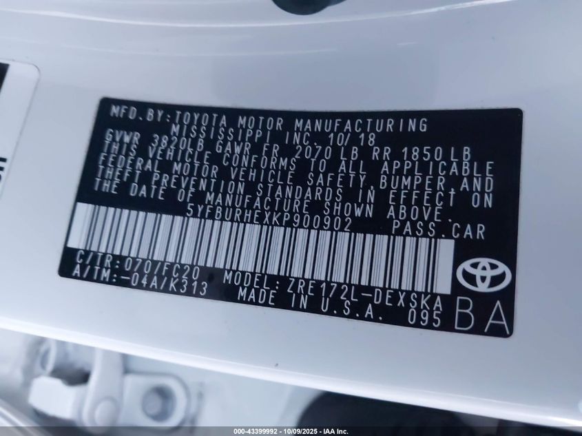 2019 Toyota Corolla Se VIN: 5YFBURHEXKP900902 Lot: 43399992