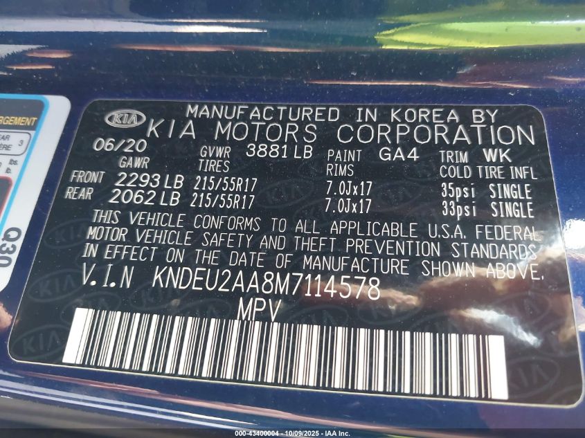 2021 Kia Seltos S VIN: KNDEU2AA8M7114578 Lot: 43400004