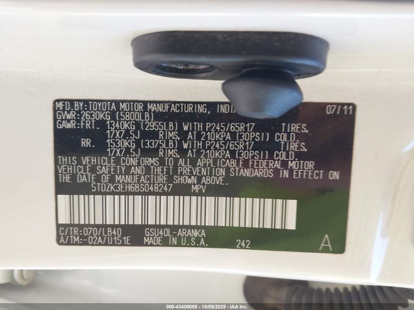 2011 Toyota Highlander Se V6 VIN: 5TDZK3EH6BS048247 Lot: 43400008