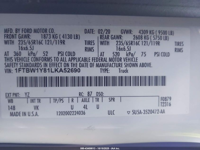 2020 Ford Transit VIN: 1FTBW1Y81LKA52690 Lot: 43400013