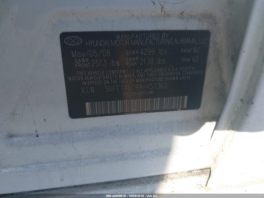 2009 Hyundai Sonata Gls VIN: 5NPET46C99H457363 Lot: 43400019