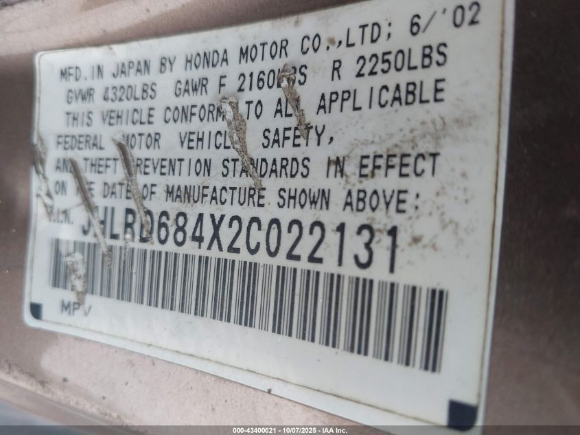 2002 Honda Cr-V Lx VIN: JHLRD684X2C022131 Lot: 43400021