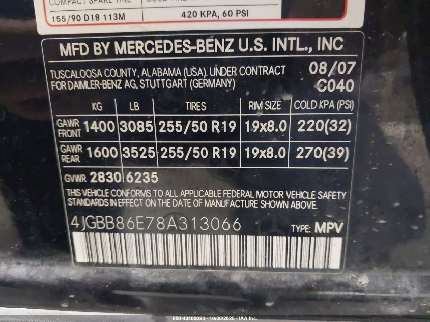 2008 Mercedes-Benz Ml 350 4Matic VIN: 4JGBB86E78A313066 Lot: 43400023