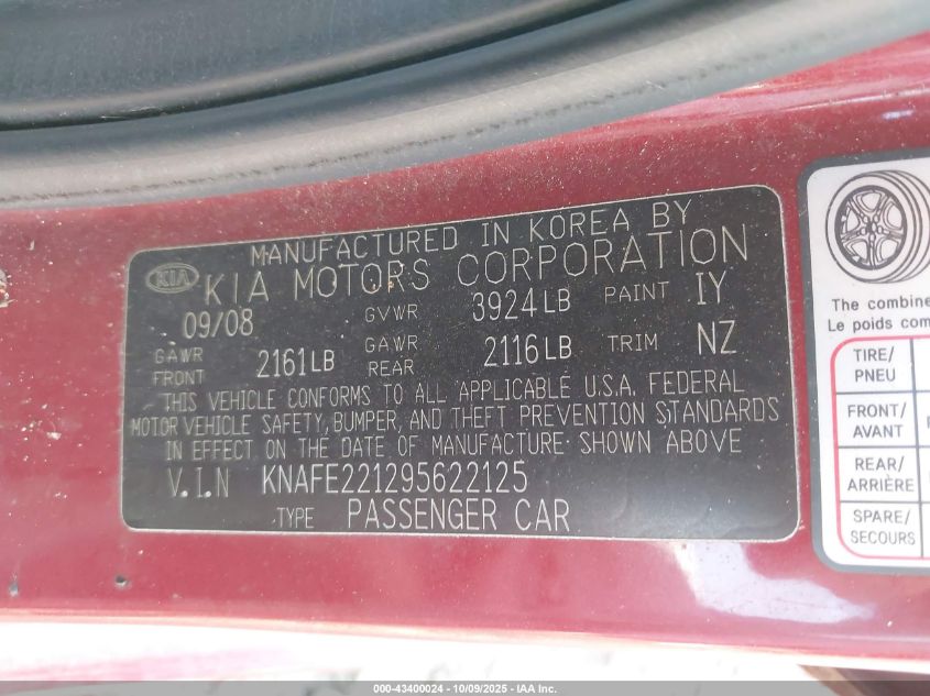 2009 Kia Spectra Ex VIN: KNAFE221295622125 Lot: 43400024