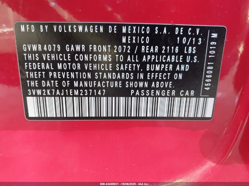 2014 Volkswagen Jetta 2.0L S VIN: 3VW2K7AJ1EM237147 Lot: 43400031