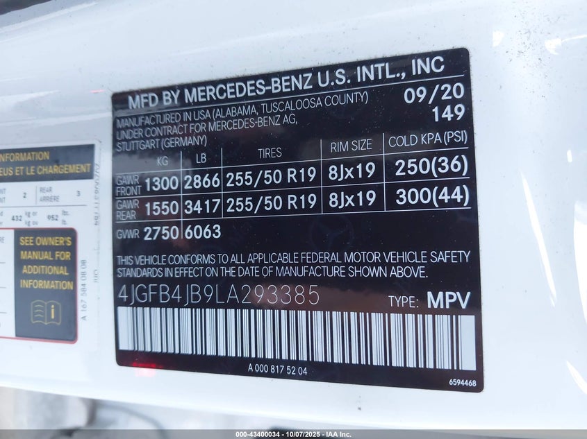 VIN 4JGFB4JB9LA293385 2020 MERCEDES-BENZ GLE 350