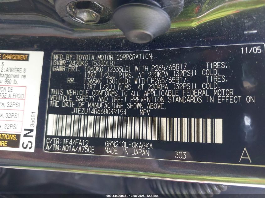 2006 Toyota 4Runner Sr5 V6 VIN: JTEZU14R668049154 Lot: 43400035