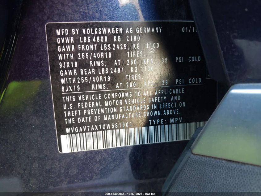 2016 Volkswagen Tiguan Sel VIN: WVGAV7AX7GW581901 Lot: 43400045