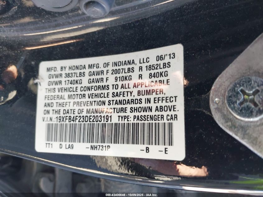 2013 Honda Civic Hybrid VIN: 19XFB4F23DE203191 Lot: 43400046