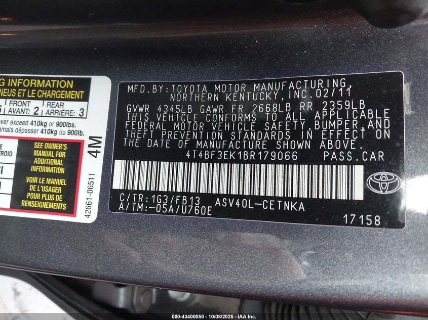 2011 Toyota Camry Le VIN: 4T4BF3EK1BR179066 Lot: 43400050