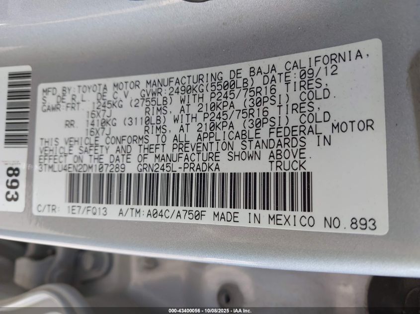 2013 Toyota Tacoma Base V6 VIN: 3TMLU4EN2DM107289 Lot: 43400056