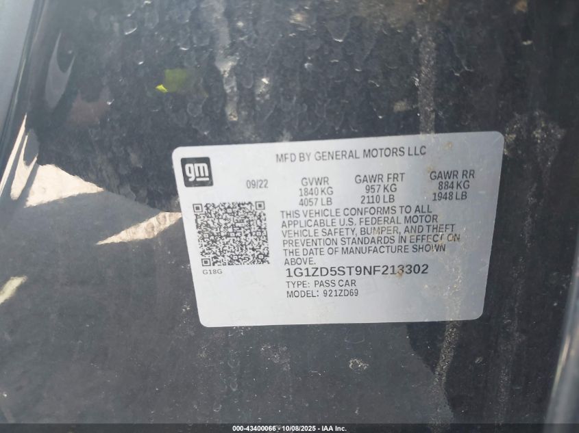 2022 Chevrolet Malibu Fwd Lt VIN: 1G1ZD5ST9NF213302 Lot: 43400066