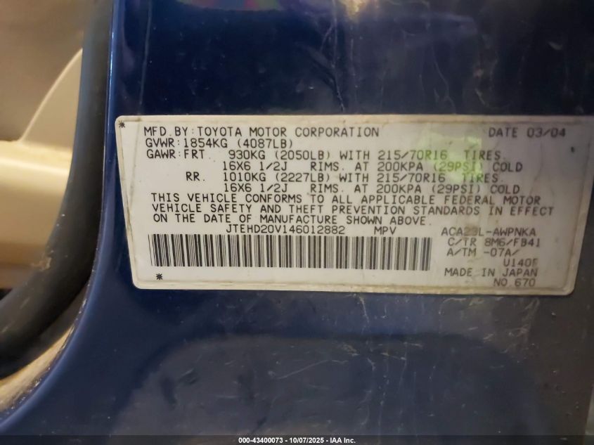 2004 Toyota Rav4 VIN: JTEHD20V146012882 Lot: 43400073