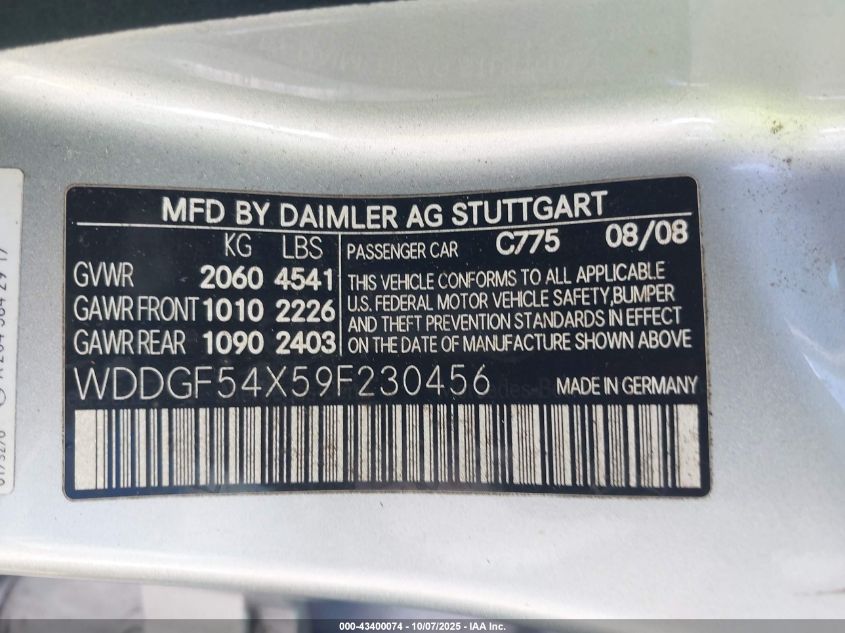 2009 Mercedes-Benz C 300 Luxury/Sport VIN: WDDGF54X59F230456 Lot: 43400074