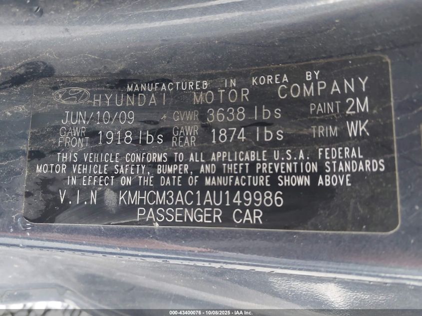 2010 Hyundai Accent Gs VIN: KMHCM3AC1AU149986 Lot: 43400076