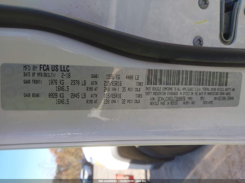 2018 Jeep Compass Sport Fwd VIN: 3C4NJCAB3JT328876 Lot: 43400093