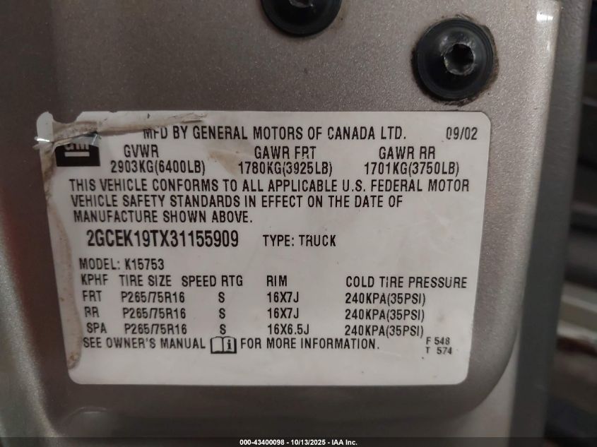 2003 Chevrolet Silverado 1500 Ls VIN: 2GCEK19TX31155909 Lot: 43400098