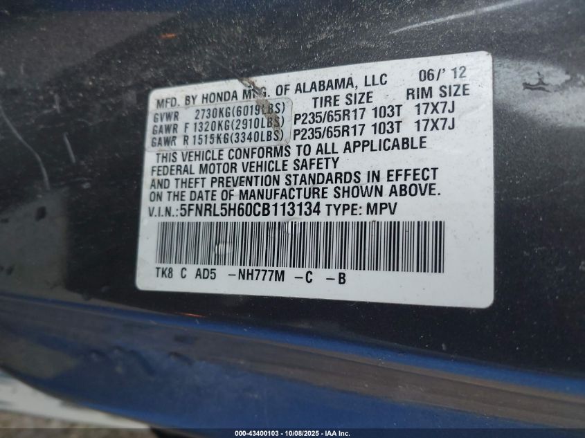 2012 Honda Odyssey Ex-L VIN: 5FNRL5H60CB113134 Lot: 43400103