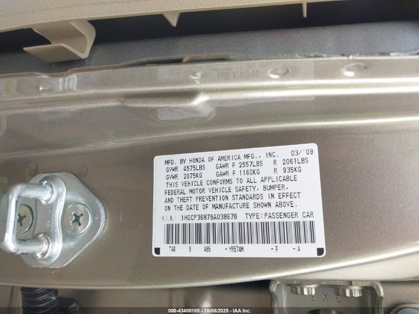 2009 Honda Accord 3.5 Ex-L VIN: 1HGCP36879A038678 Lot: 43400105