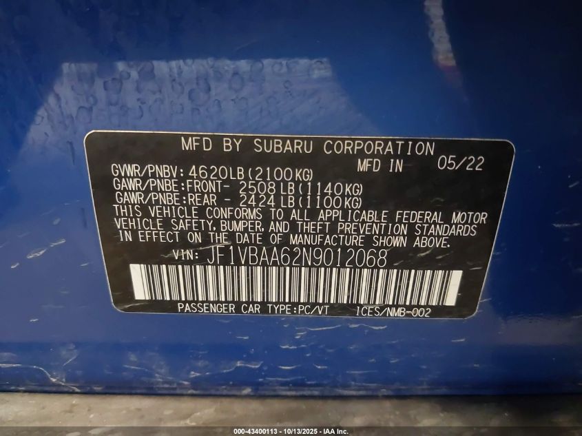 2022 Subaru Wrx VIN: JF1VBAA62N9012068 Lot: 43400113