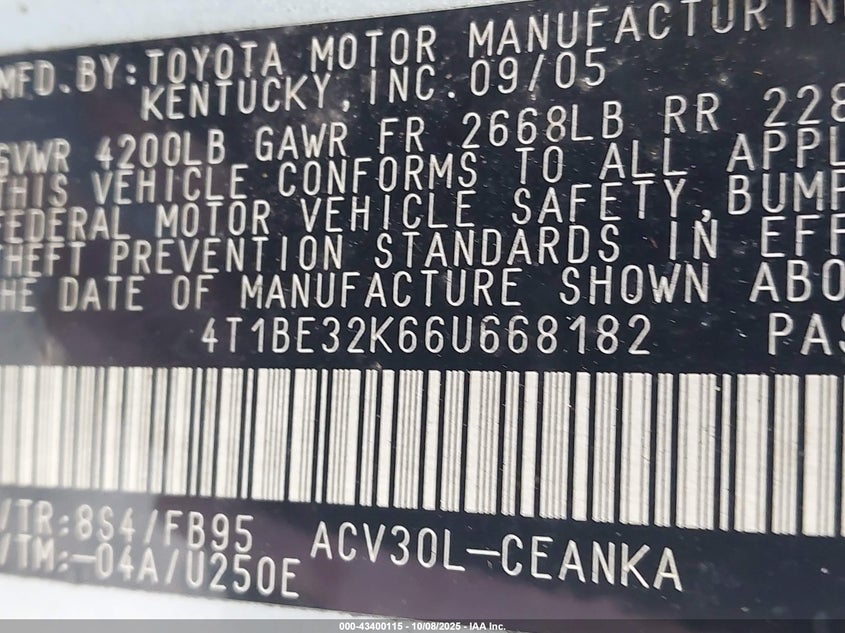 2006 Toyota Camry Le VIN: 4T1BE32K66U668182 Lot: 43400115