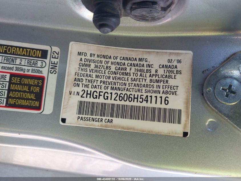2006 Honda Civic Lx VIN: 2HGFG12606H541116 Lot: 43400118