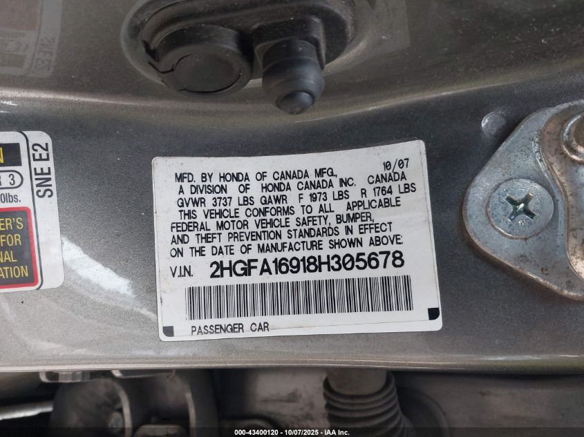 2008 Honda Civic Ex-L VIN: 2HGFA16918H305678 Lot: 43400120