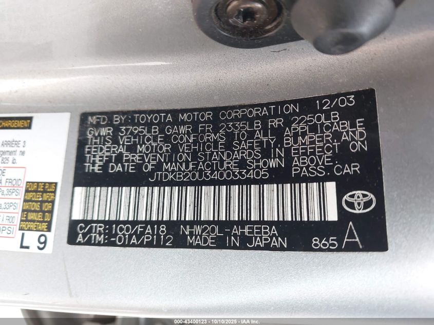 2004 Toyota Prius VIN: JTDKB20U340033405 Lot: 43400123