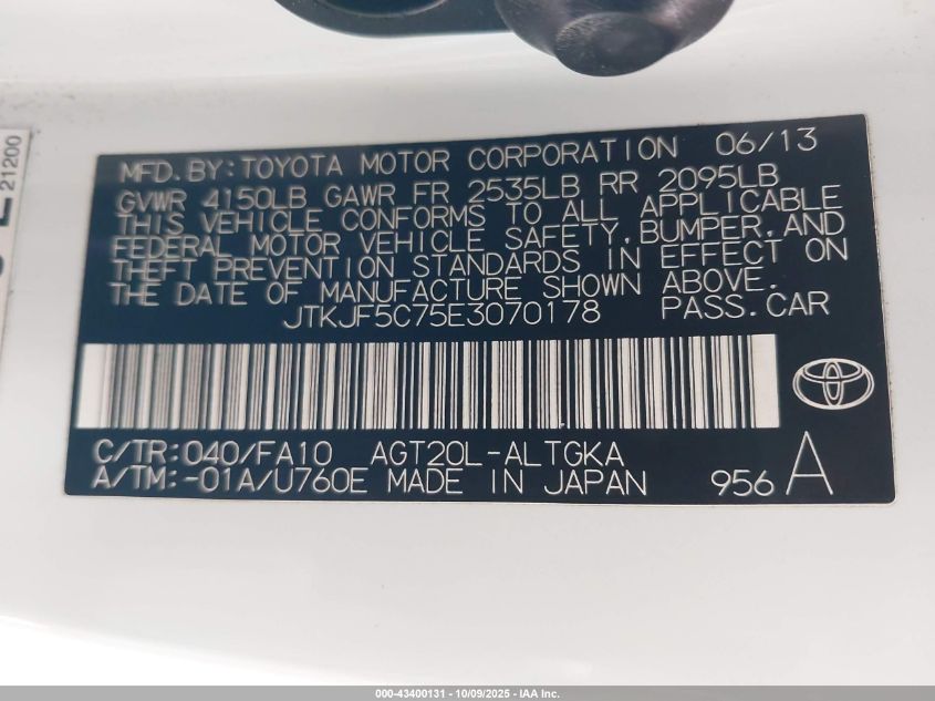 2014 Scion Tc VIN: JTKJF5C75E3070178 Lot: 43400131