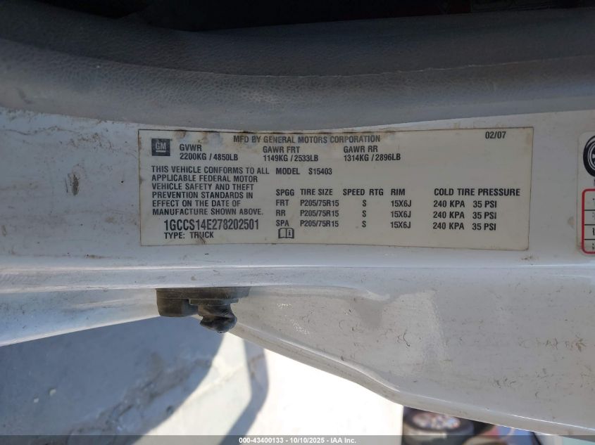 2007 Chevrolet Colorado Work Truck VIN: 1GCCS14E278202501 Lot: 43400133