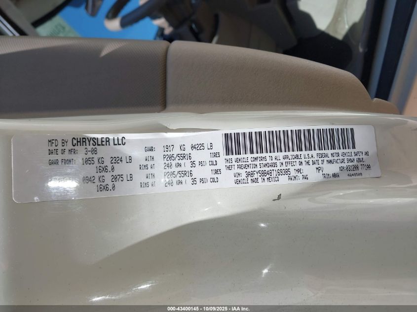 2008 Chrysler Pt Cruiser Touring VIN: 3A8FY58B48T169385 Lot: 43400145