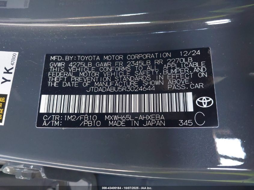 2024 Toyota Prius Le Awd-E VIN: JTDADABU5R3024644 Lot: 43400164