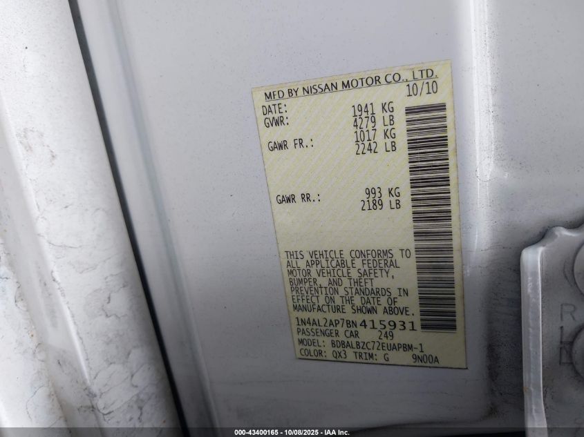 2011 Nissan Altima 2.5 S VIN: 1N4AL2AP7BN415931 Lot: 43400165