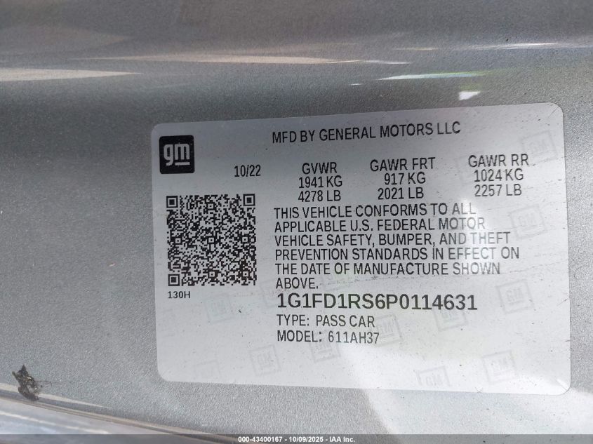 2023 Chevrolet Camaro Rwd 2Lt VIN: 1G1FD1RS6P0114631 Lot: 43400167