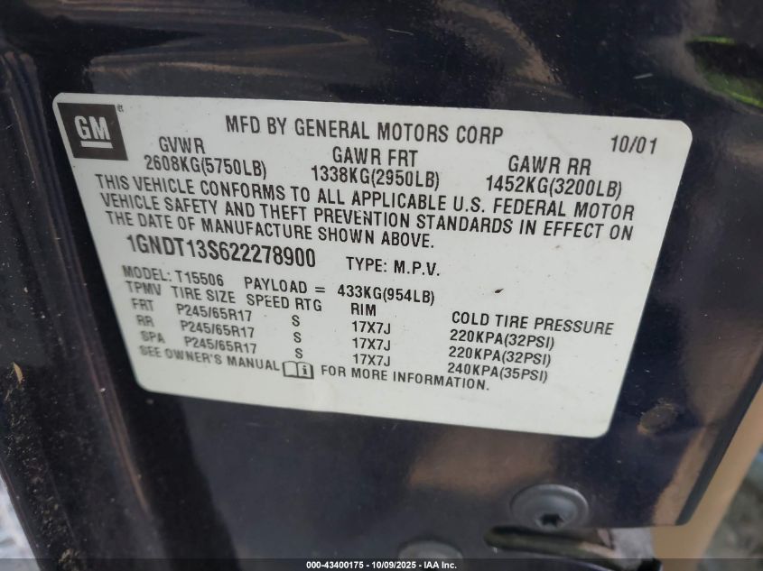 2002 Chevrolet Trailblazer Ltz VIN: 1GNDT13S622278900 Lot: 43400175