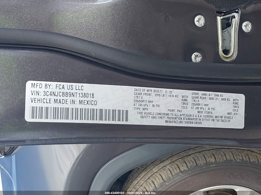 2022 Jeep Compass Latitude Fwd VIN: 3C4NJCBB9NT138018 Lot: 43400183