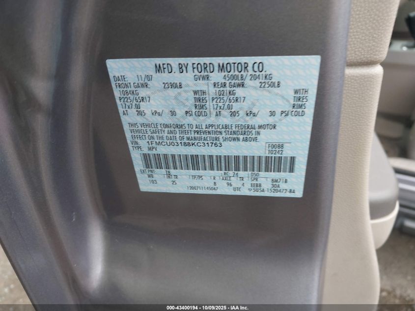 2008 Ford Escape Xlt VIN: 1FMCU03188KC31763 Lot: 43400194