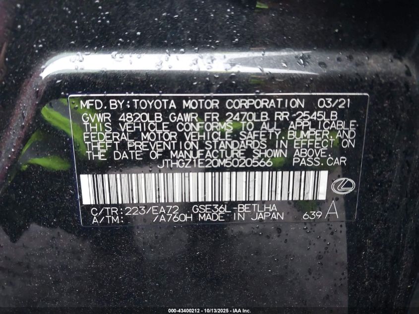 2021 Lexus Is 350 F Sport VIN: JTHGZ1E20M5020566 Lot: 43400212