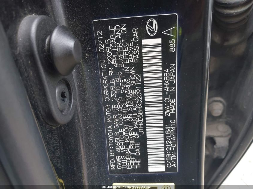 2012 Lexus Ct 200H Premium VIN: JTHKD5BHXC2091122 Lot: 43400216