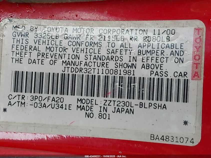 2001 Toyota Celica Gt VIN: JTDDR32T110081981 Lot: 43400231