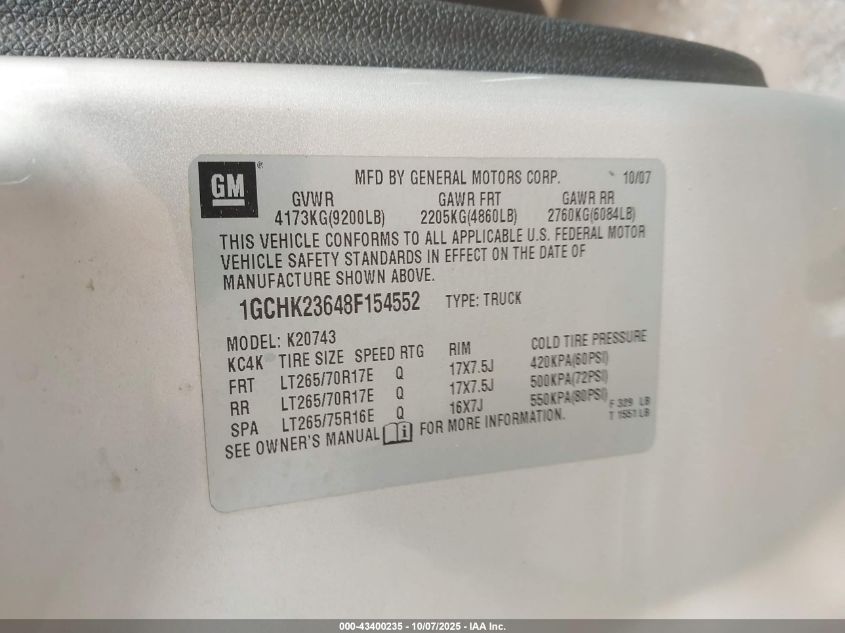 2008 Chevrolet Silverado 2500Hd Lt2 VIN: 1GCHK23648F154552 Lot: 43400235