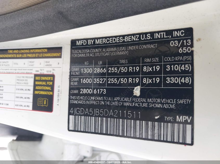 2013 Mercedes-Benz Ml 350 VIN: 4JGDA5JB5DA211511 Lot: 43400237