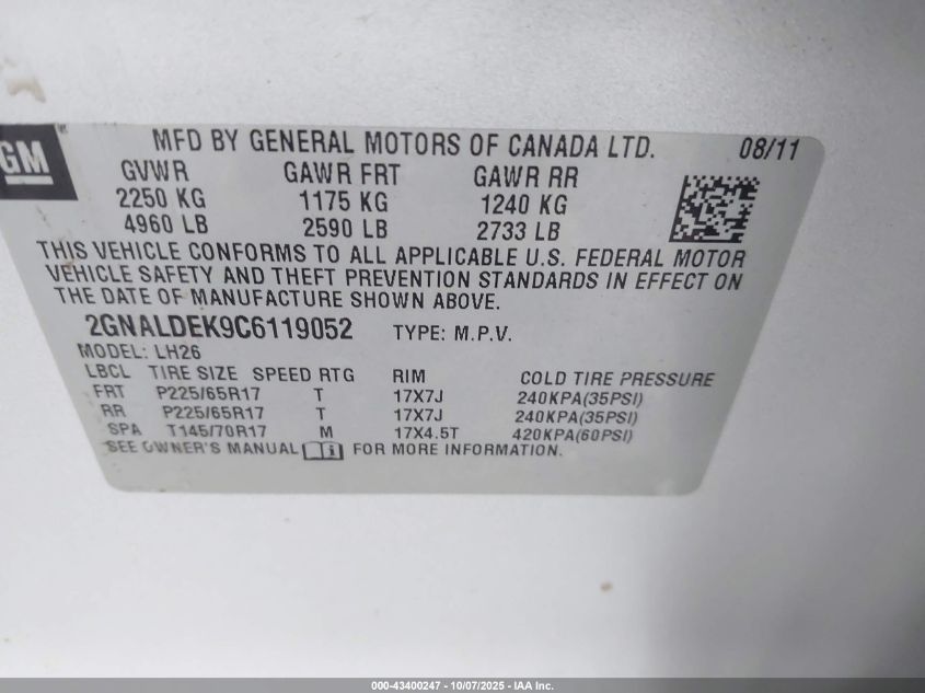 2012 Chevrolet Equinox 1Lt VIN: 2GNALDEK9C6119052 Lot: 43400247