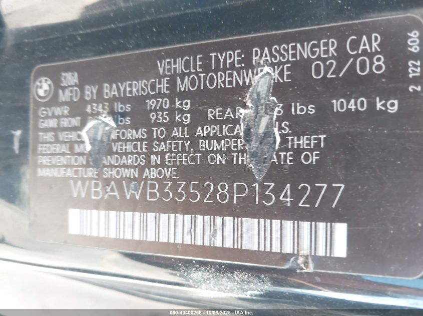 2008 BMW 328I VIN: WBAWB33528P134277 Lot: 43400258