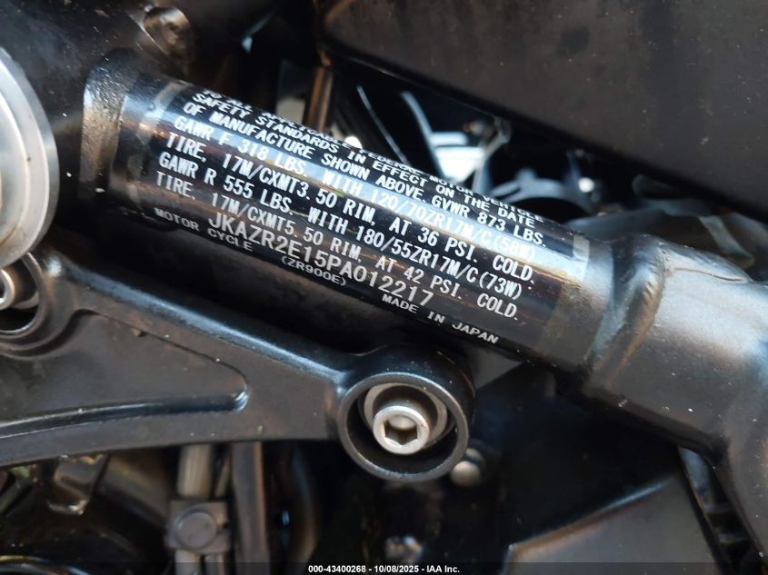 2023 Kawasaki Zr900 VIN: JKAZR2E15PA012217 Lot: 43400268