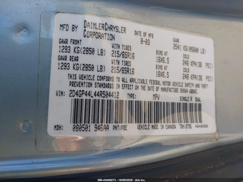 2004 Dodge Grand Caravan Sxt VIN: 2D4GP44L44R504412 Lot: 43400273